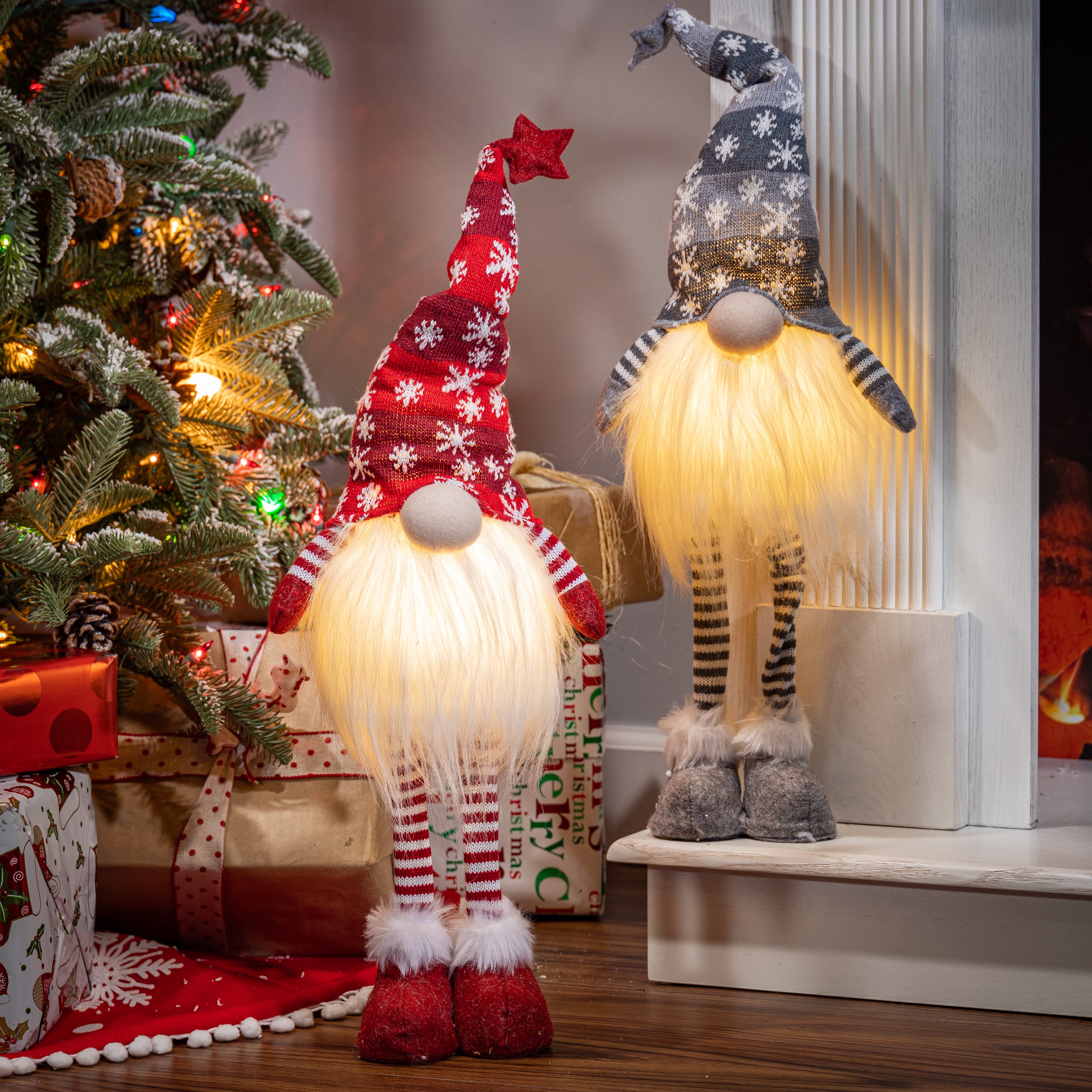 Set of 2 Christmas Lighted Gnome Figurines, Silver and Red